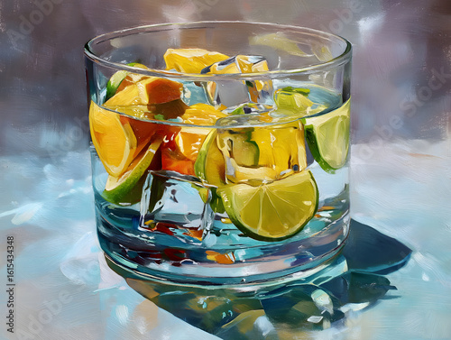 Ice cubes and citrus slices floating in a clear glass bowl