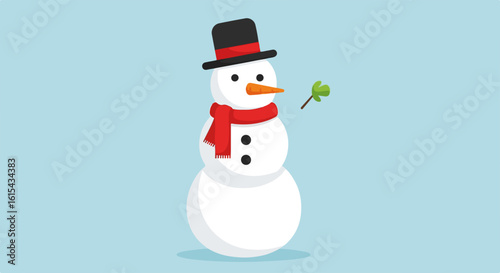 Snowman illustration showing festive snowman figure with classic top hat, vibrant red scarf, and carrot nose. Snowman illustration, featuring wintery holiday character, makes for appealing visual.