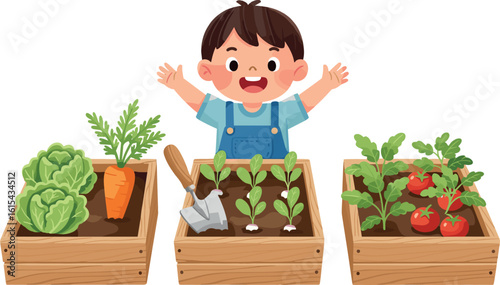 Cute cartoon boy gardening with a shovel and vegetables in watercolor style