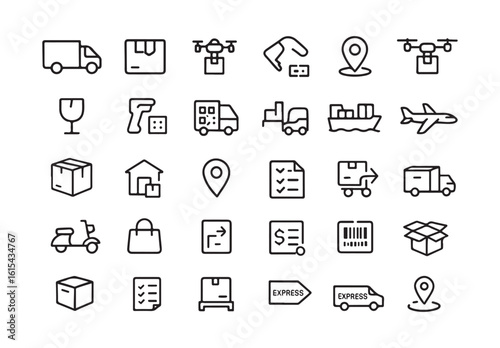 Essential Delivery Logistics Icons – Transport, Drone, Dispatch, Freight, Tracking