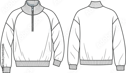 Half zip sweatshirt CAD, flat vector fashion sketch, front and back view, pullover fleece style, mock neck, long sleeves