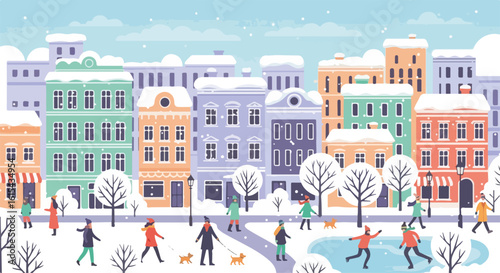 Winter town illustration shows snowy buildings in urban landscape setting, designed with colorful facades and snow covered roofs. Winter town scene includes people walking, skating,