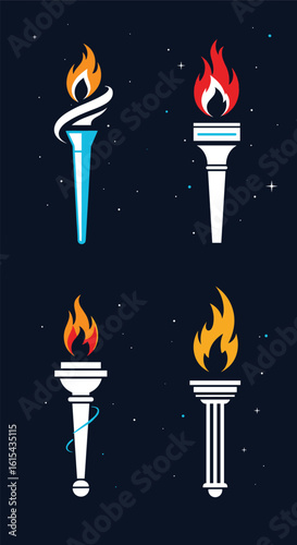 Illustrative set of four distinct olympic torches pixel art featuring flames and stylized handles against a starry night background