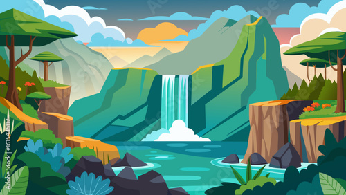 Vector art of a solitary waterfall cascades into a clear river, embraced by lush green foliage and dramatic rocky cliffs under a vibrant sunset sky