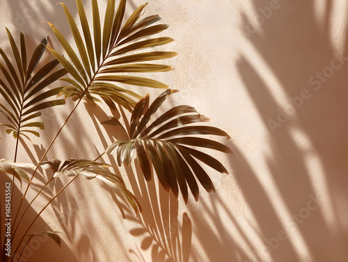 Tropical leaves casting shadows on a beige wall