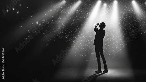 Silhouette of singer on stage in spotlights. Banner design