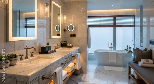 Luxury Hotel Bathroom Design Marble Vanity, Freestanding Tub, and Spa-Like Ambiance