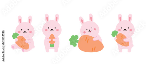 Cute pink rabbits holding carrots with playful expressions. Hand-drawn in pastel colors, perfect for kids’ products, Easter cards, or nursery decor.