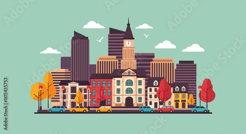 Urban cityscape illustration featuring various buildings, including skyscrapers and colorful townhouses, capturing urban landscape design.