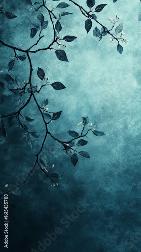 Branch with Leaves Against Textured Blue Gradient Background