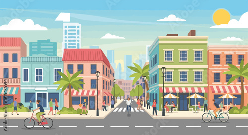 City street scene features colorful buildings and pedestrians enjoying outdoor activities. City street view with people on bikes, walking near buildings, and enjoying pleasant weather.