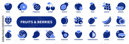 Set of vector solid icons related to fresh fruits and berries, organic food, vegetarian diet and healthy nutrition. Symbols for website or app UI, logo design, illustration