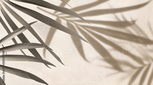 Tropical leaves casting shadows on a beige wall