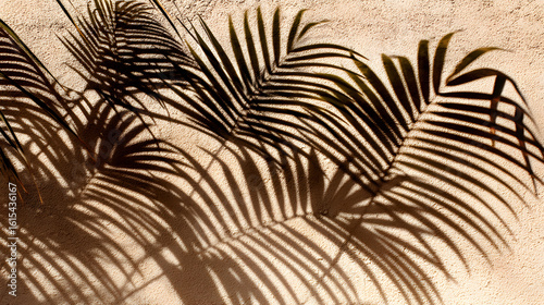 Tropical leaves casting shadows on a beige wall