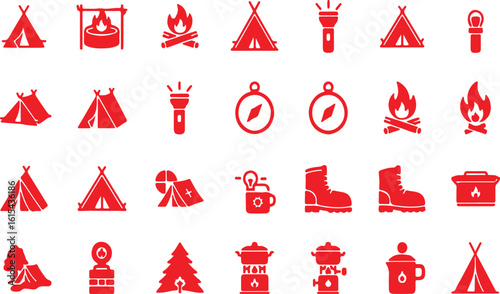 Red Camping and Outdoor Adventure Icons tent