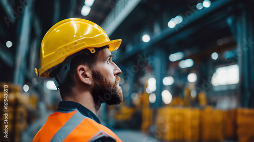 An industrial engineer in a safety helmet, portrayed in a factory setting with a soft background.