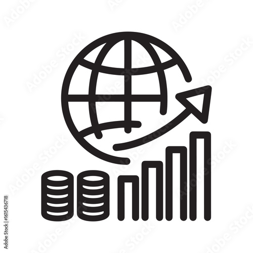 Global economy line icon. Vector illustration of a world globe with stacked coins and a rising bar chart, symbolizing international finance and market growth.
