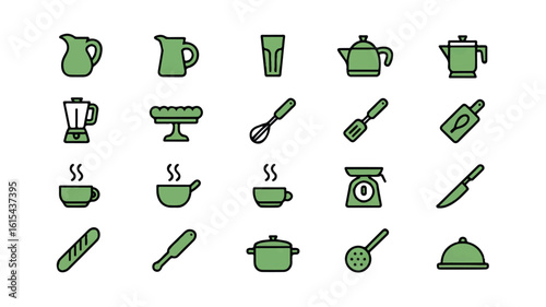 A set of 20 minimalist kitchen and cooking icons in a single line art style, arranged in a 5x4 grid