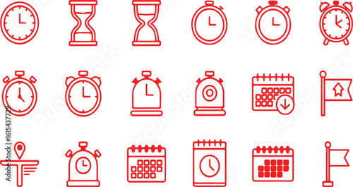 Red time management icons on white background clock
