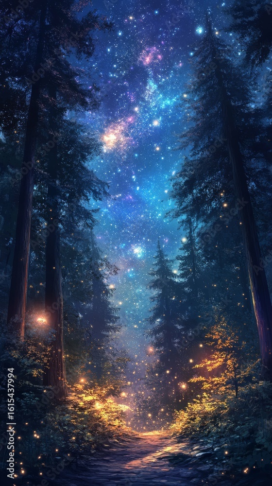 Obraz premium Walking Path Through a Starry Forest at Night