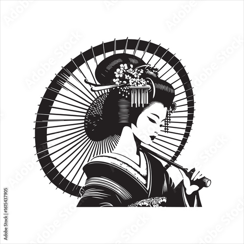 Elegant Black and White Illustration of a Traditional Japanese Geisha.