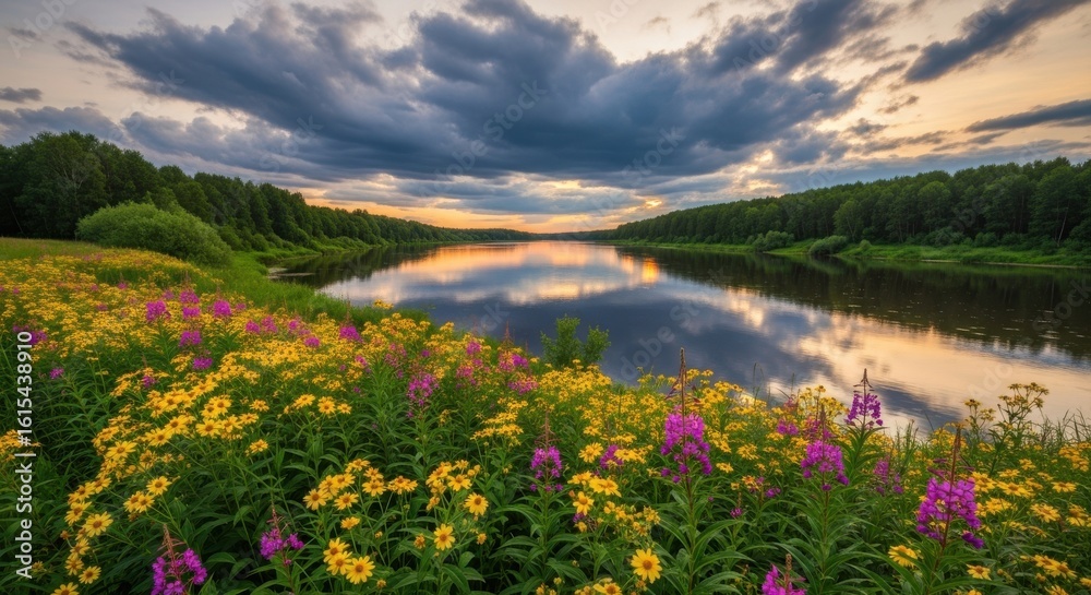 Obraz premium Serene Riverside Landscape Under Dramatic Clouds at Sunset