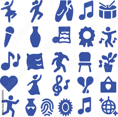 Blue Icons of Music Dance and Symbols on White Background