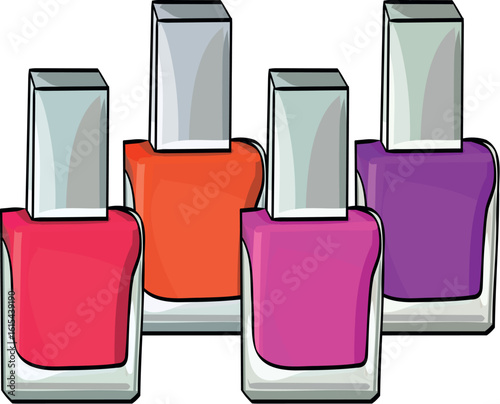 Four Nail Polish Bottles with Caps and Brushes for Beauty and Fashion Use