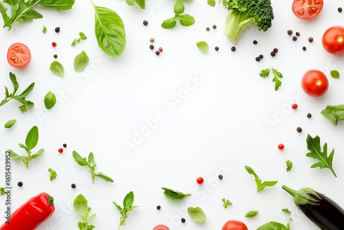 Fresh organic vegetables and herbs flat lay arrangement on white background with copy space.