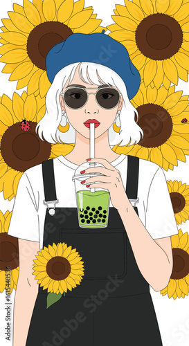 Stylish young woman wearing overalls and beret enjoying a boba drink amidst a field of sunflowers