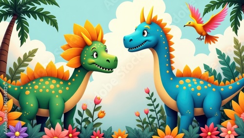 Fototapeta Naklejka Na Ścianę i Meble -  Two friendly dinosaurs in a floral garden.