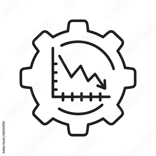 Economic crisis icon with a gear and declining graph representing business recession performance failure and financial market downturn line vector stroke