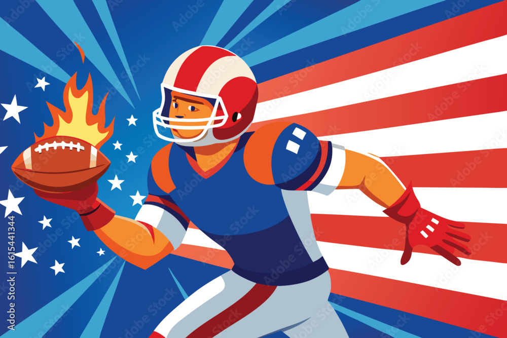 Fototapeta premium American Football Player Running with Flaming Ball Against Patriotic Background Illustration
