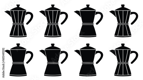 Clean minimalist black and white vector illustration of eight stovetop coffee makers.