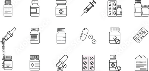 Medicine Bottle Pill Syringe Icon Set – Medical Line Vector Clipart