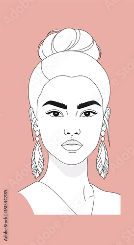 Stylish woman with updo and dangling earrings beautifully illustrated on a soft pink background