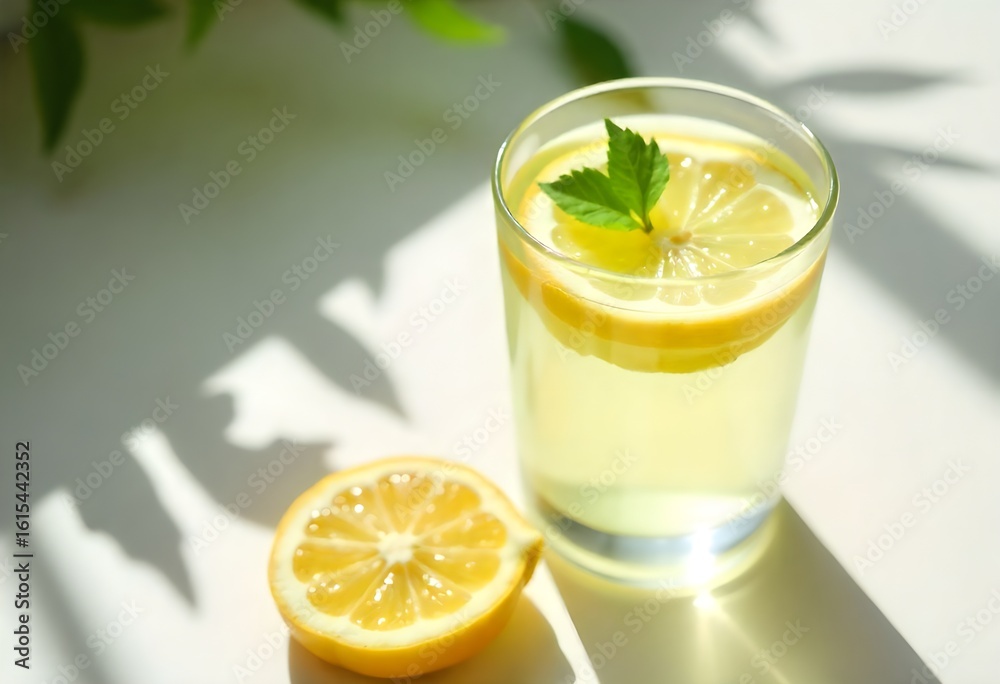 Fototapeta premium Fresh orange juice in a glass with a half orange on a marble worktop