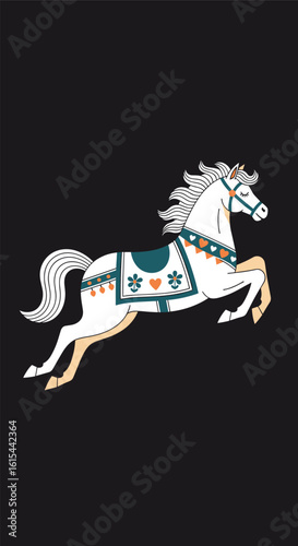 Elegant white carousel horse leaping gracefully with ornate decorations and a heart symbol in a whimsical vintage style