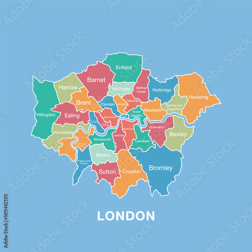Colorful map of London, United Kingdom with labeled administrative districts. Vector illustration isolated on blue background.