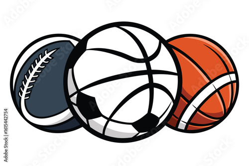 Stylized Vector Illustration of Football Soccer Ball and Basketball Sports Equipment