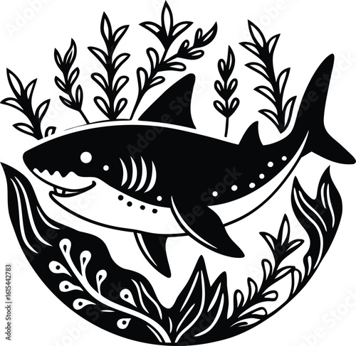 This aquatic art piece portrays a fish caught on a hook amidst a lively scene of swimming salmon and other ocean animals, capture, painting, design, seaweed