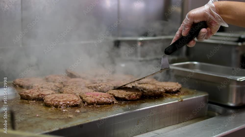 Grilling beef patties cook turn around minced beef burger meat patties cooking on hot black electric grill surface, food closeup Grilling beef patties cook turn around minced beef burger meat patties cooking on hot black electric grill surface, food closeup