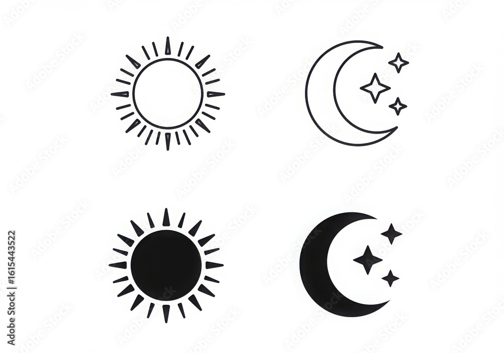 Fototapeta premium Sun and moon celestial icons isolated on white background
