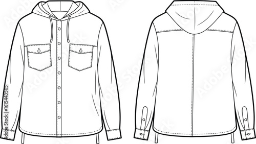 Contemporary men's hooded shirt with front pockets, perfect for casual wear, layering, outdoor activities, streetwear style, and comfortable everyday fashion, versatile apparel.