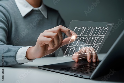 Woman using a laptop with a transparent screen displaying book icons for online learning and digital library access