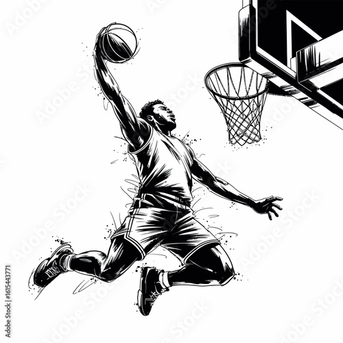 Dynamic sketch of a basketball player dunking a ball