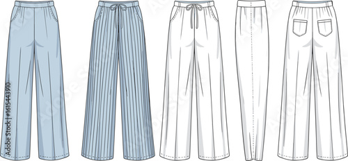 Wide leg pants flat sketch CAD drawing with front and back pockets, drawstring waist, casual lounge trousers fashion vector template