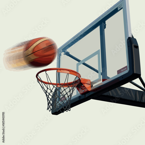 Basketball soaring through the air towards the hoop during a game