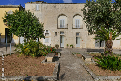 The facade of an ancient noble house in Muro Leccese, a town in the province of Lecce, Italy.