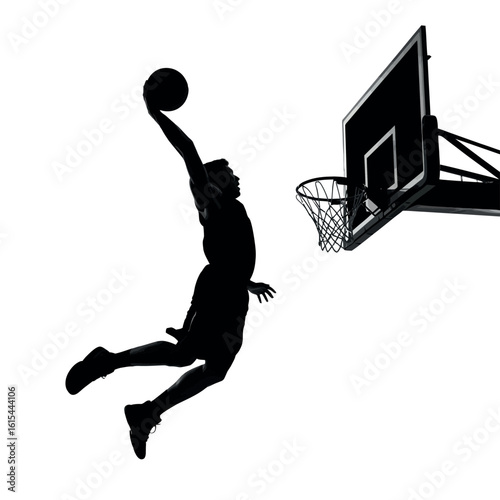 Silhouette of a basketball player performing a powerful slam dunk